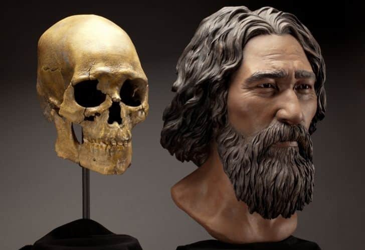 Kennewick Man's skull and a model of what he might have looked like