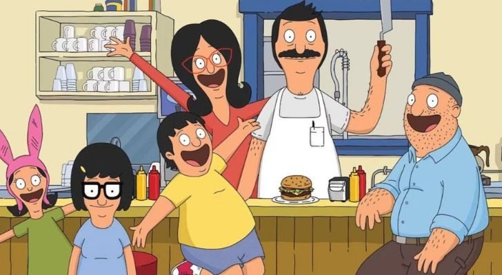 The Belcher Family and their friend Teddy from Bob's Burgers in their restaurant