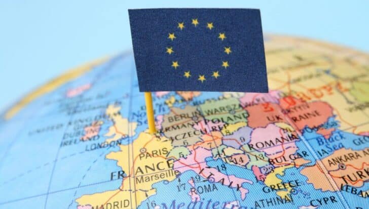 European Union flag on a map of Europe highlighting potential member countries