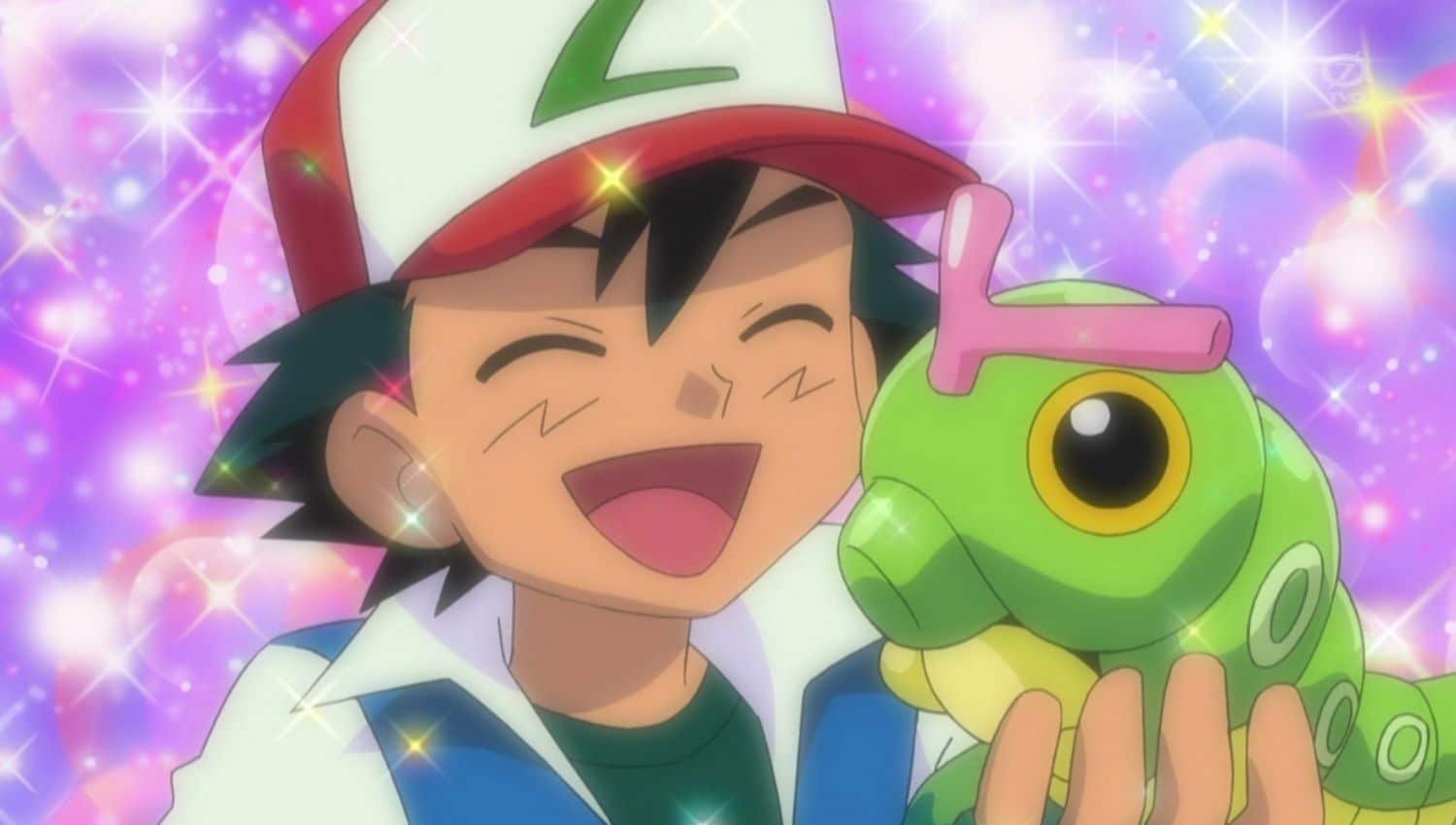 Ash Ketchum, wearing his iconic red and white cap, joyfully holding Caterpie, a green caterpillar-like bug Pokémon, against a sparkling purple background