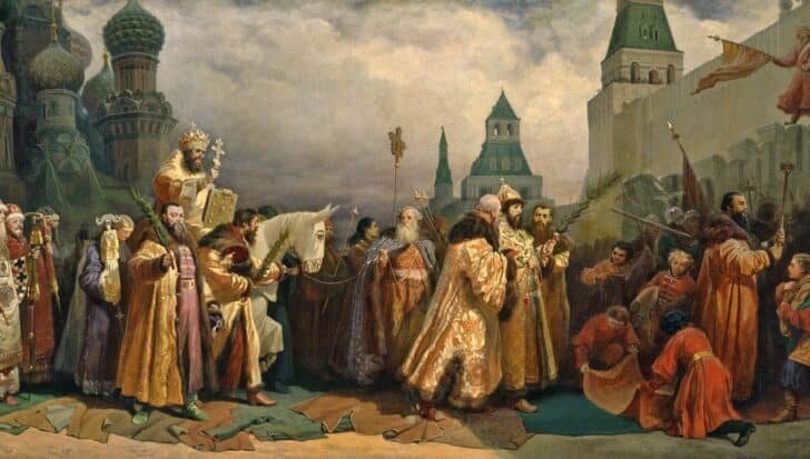 A historical scene depicting a Palm Sunday procession with religious leaders and participants carrying palms, wearing traditional robes, set against an architectural backdrop