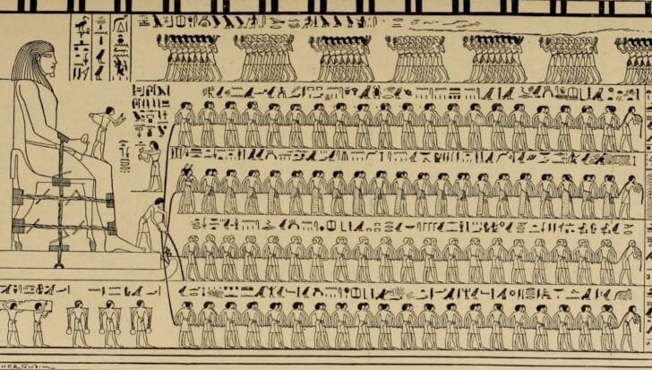 Ancient Egyptian workers depicted in a hieroglyphic scene transporting a large seated statue using ropes and sledges