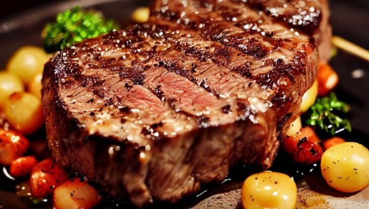 Grilled steak with a browned crust, accompanied by cooked vegetables, illustrating the Maillard reaction