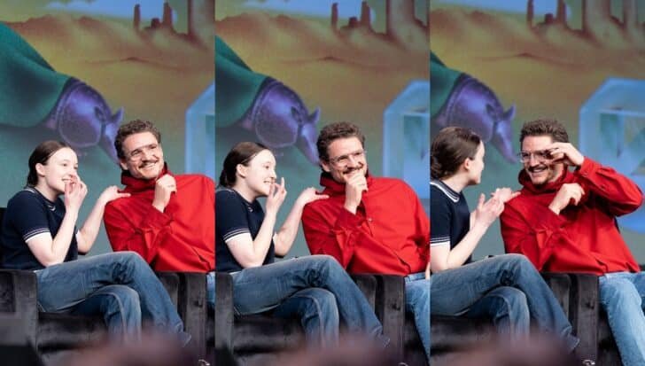 Pedro Pascal and Bella Ramsay smiling and interacting on stage with a colorful backdrop