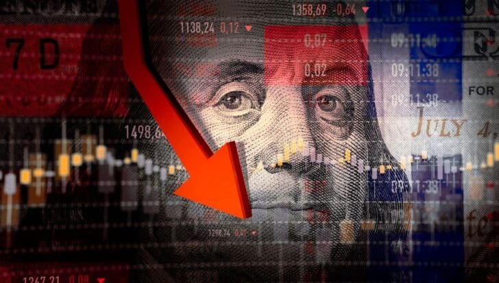 Portrait of Benjamin Franklin on a US dollar bill overlaid with stock market data, red downward arrow 