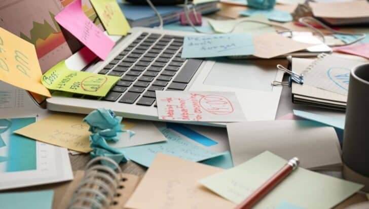 Cluttered desk with sticky notes and papers scattered around a laptop, illustrating stress from procrastination