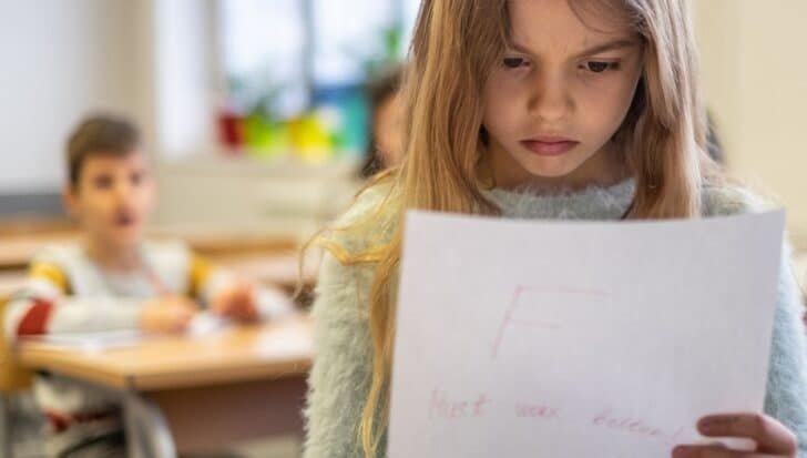 A young girl looks at a paper with an F grade, appearing concerned, in a classroom setting with another student in the background