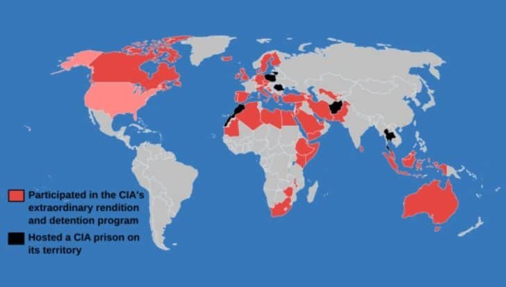 World map highlighting countries involved in the CIA's rendition program and those that hosted secret prisons