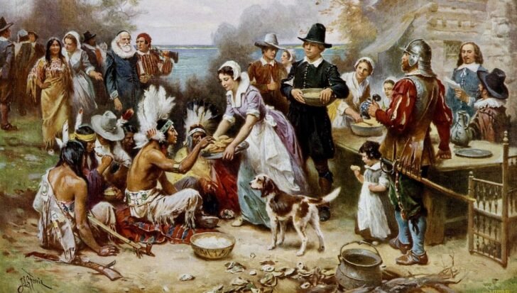 Pilgrims and Wampanoag sharing food at the first Thanksgiving feast