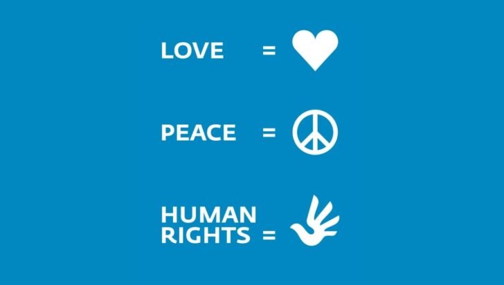 Symbols representing love as a heart, peace as a peace sign, and human rights as a stylized hand