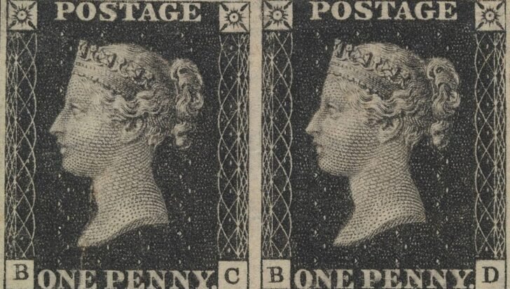 Two vintage postage stamps featuring portraits of a crowned woman in profile labeled as one penny