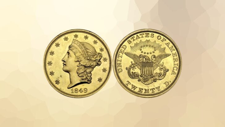 The front and back of the 1849 Double Eagle coin