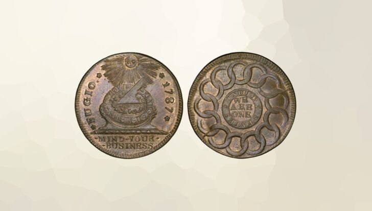 The Fugio cent featuring the date 1787, a sundial, the phrase 'Mind Your Business'