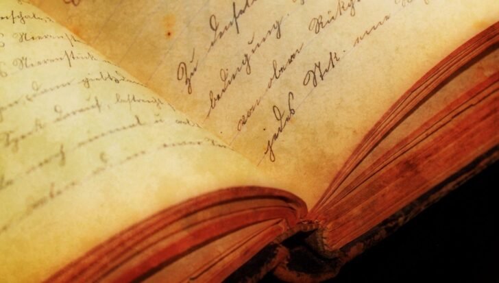 A vintage handwritten book open to show cursive writing on aged paper